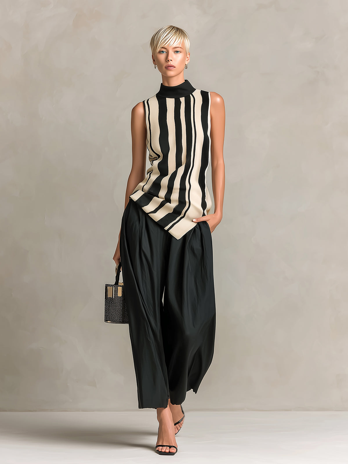 ElevenOra Chic Elegant Black-Beige Stripes Mock-Neck Sleeveless Knit Vest Top Black Cotton Blend Wide-Leg Cropped Pants Two-Piece Set