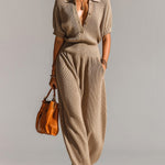 ElevenOra Chic Elegant Camel Button-Up Lapel Collar Short-Sleeve Elastic Waist Loose-Fit Wide-Leg Knit Jumpsuit