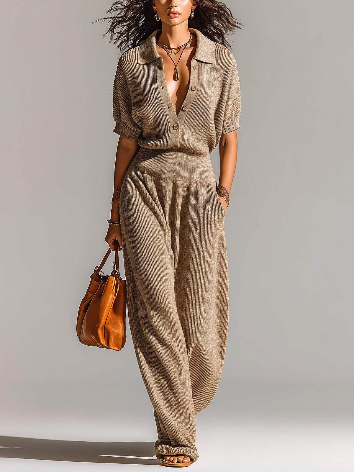 ElevenOra Chic Elegant Camel Button-Up Lapel Collar Short-Sleeve Elastic Waist Loose-Fit Wide-Leg Knit Jumpsuit