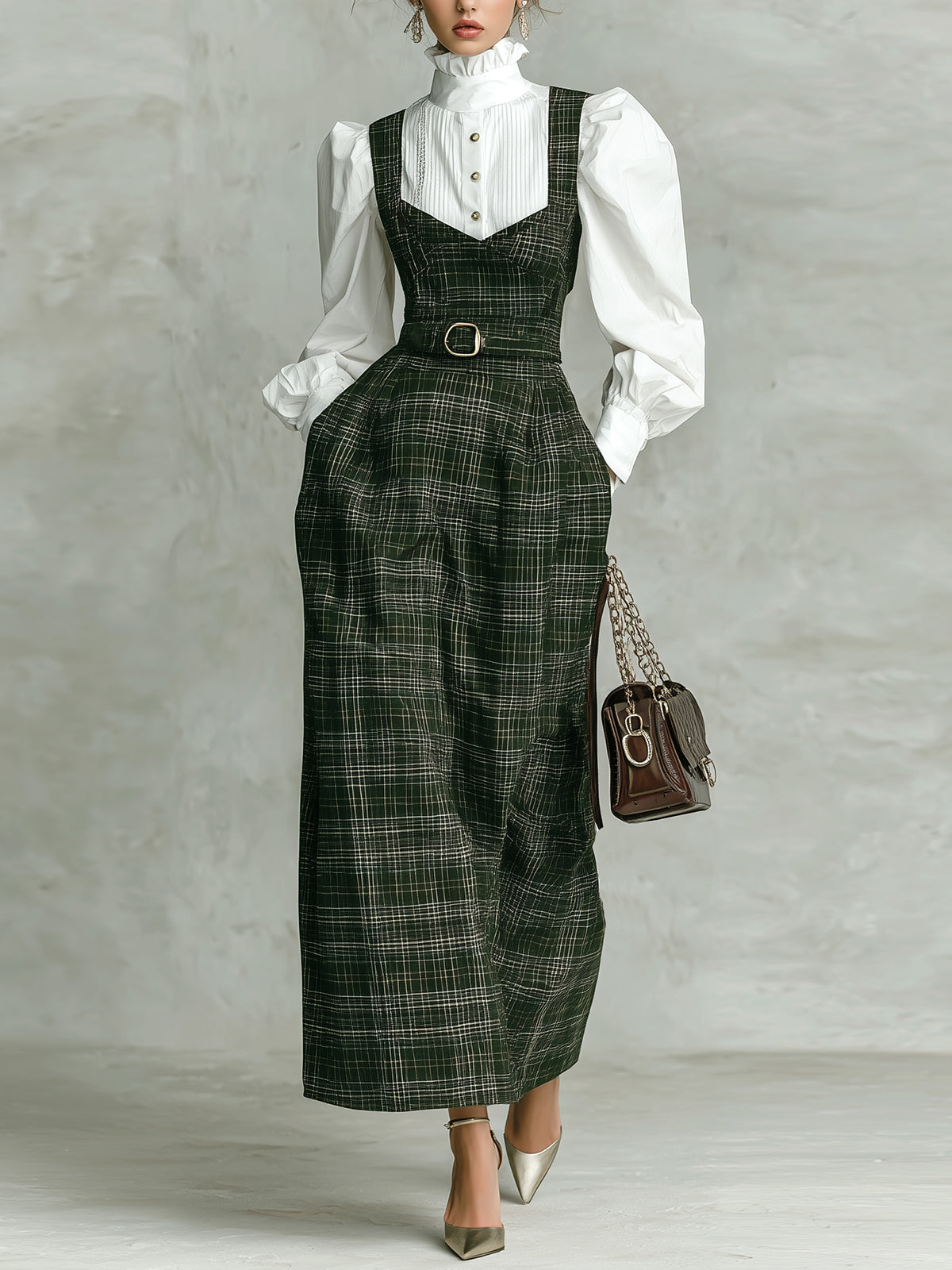 ElevenOra Chic Vintage Dark Green Plaid Cotton Blend Tailored Waist Belted Pinafore Maxi Dress