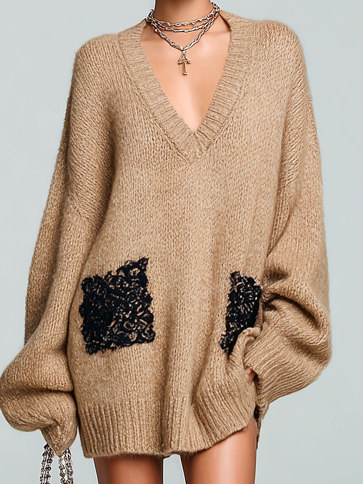 ElevenOra Chic Casual Light Khaki V-Neck Long Sleeve Contrast Lace Patch Detail Oversized Knit Mini Dress