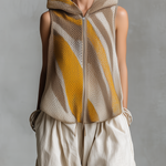 ElevenOra Chic Elegant Brown-Yellow Colorblock Jacquard Hood Sleeveless Zipper-Placket Loose-Fit Knit Vest Top