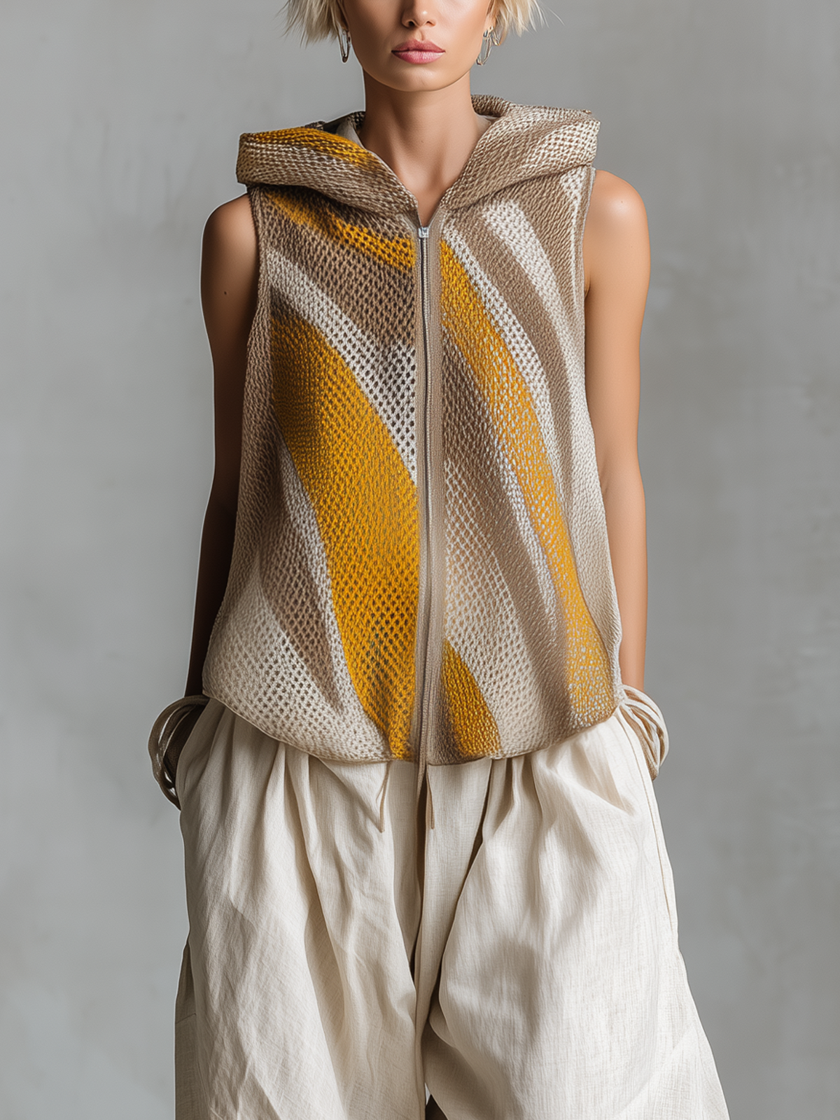 ElevenOra Chic Elegant Brown-Yellow Colorblock Jacquard Hood Sleeveless Zipper-Placket Loose-Fit Knit Vest Top