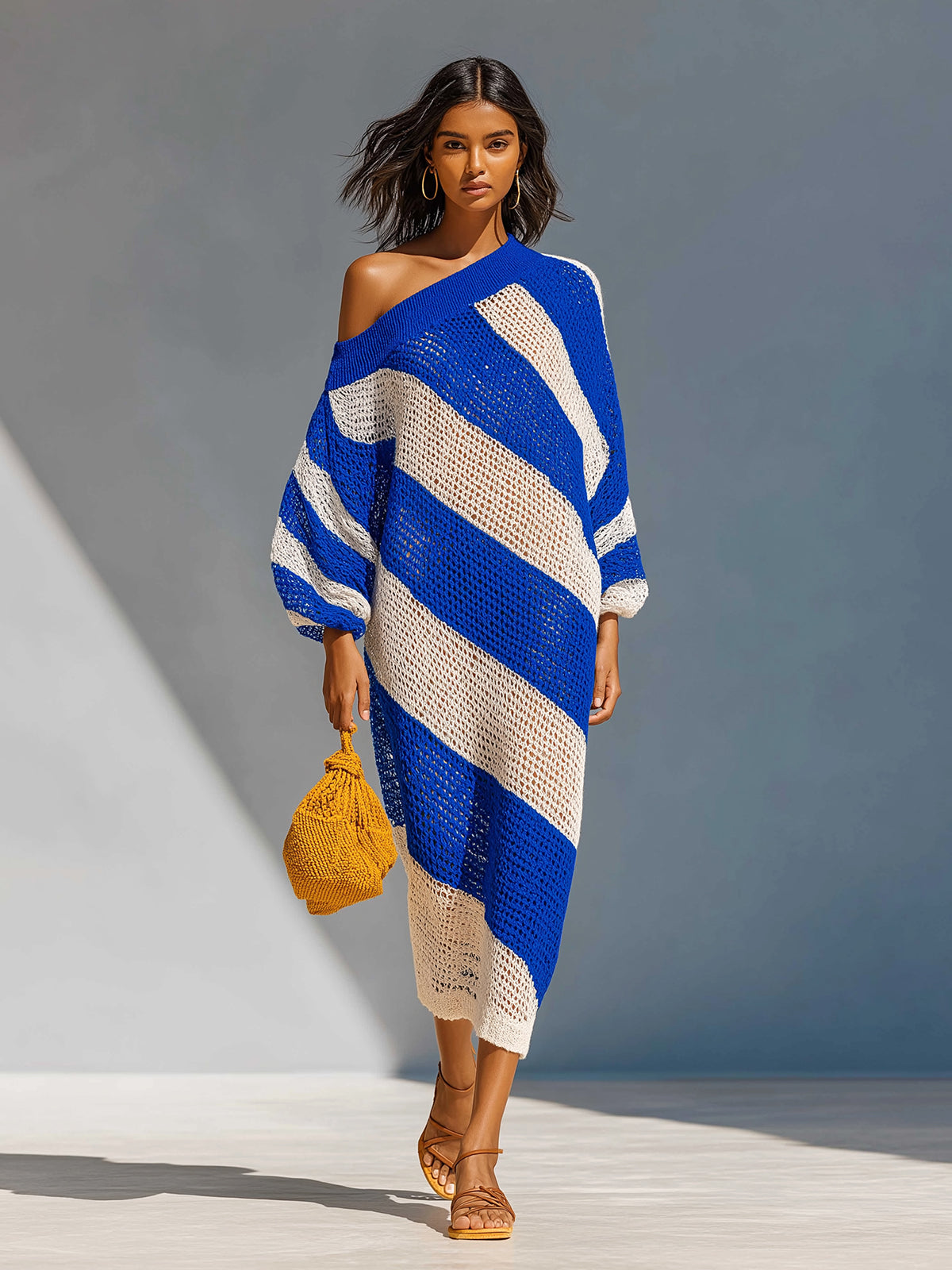 ElevenOra Chic Elegant Royal Blue-White Stripes One-Shoulder Long Lantern Sleeve Loose-Fit Knit Maxi Dress