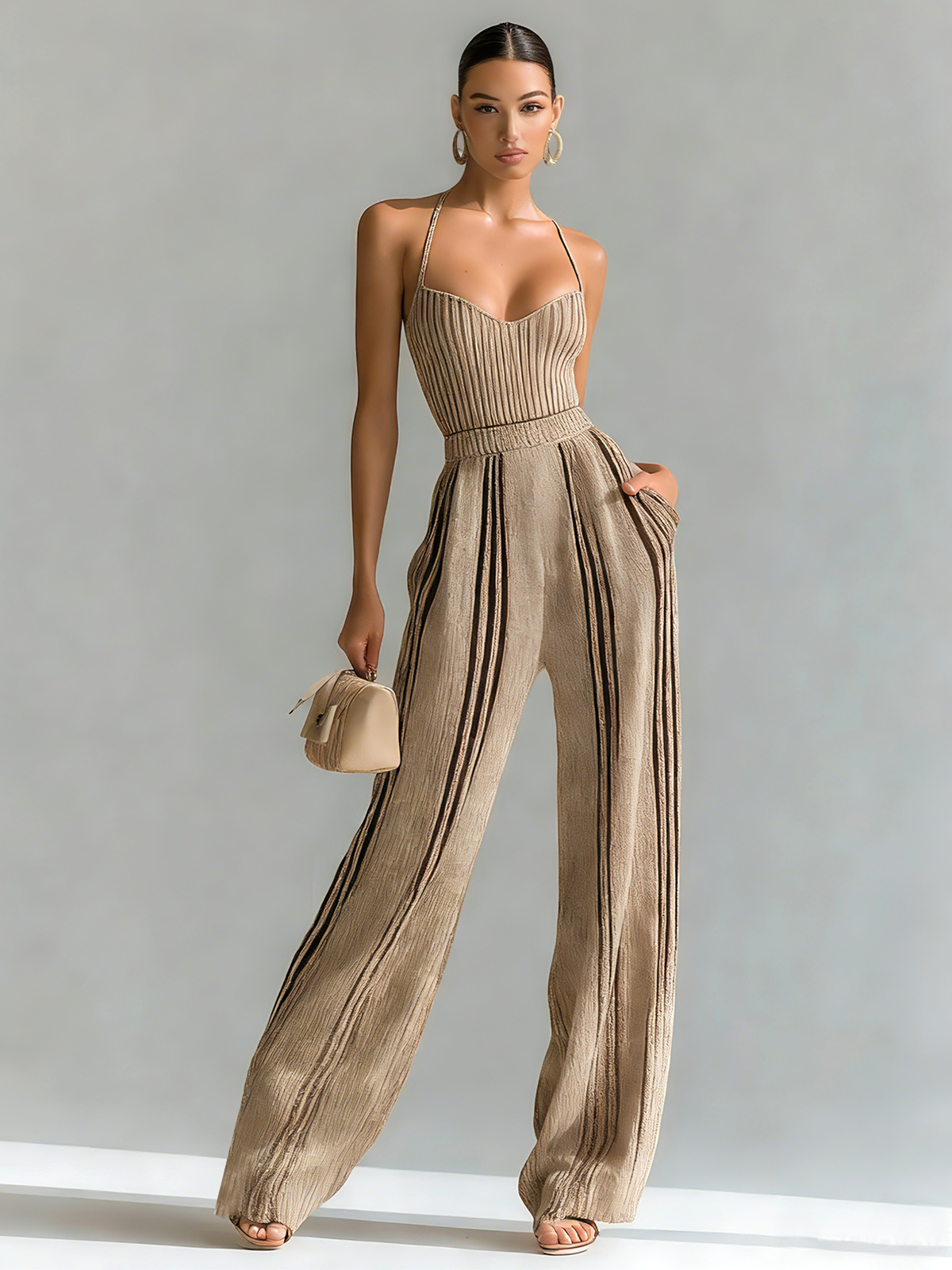 ElevenOra Chic Elegant Beige Slim Fit Sleeveless Camisole Stripes Waist Wide-Leg Pants Knit Two-Piece Set