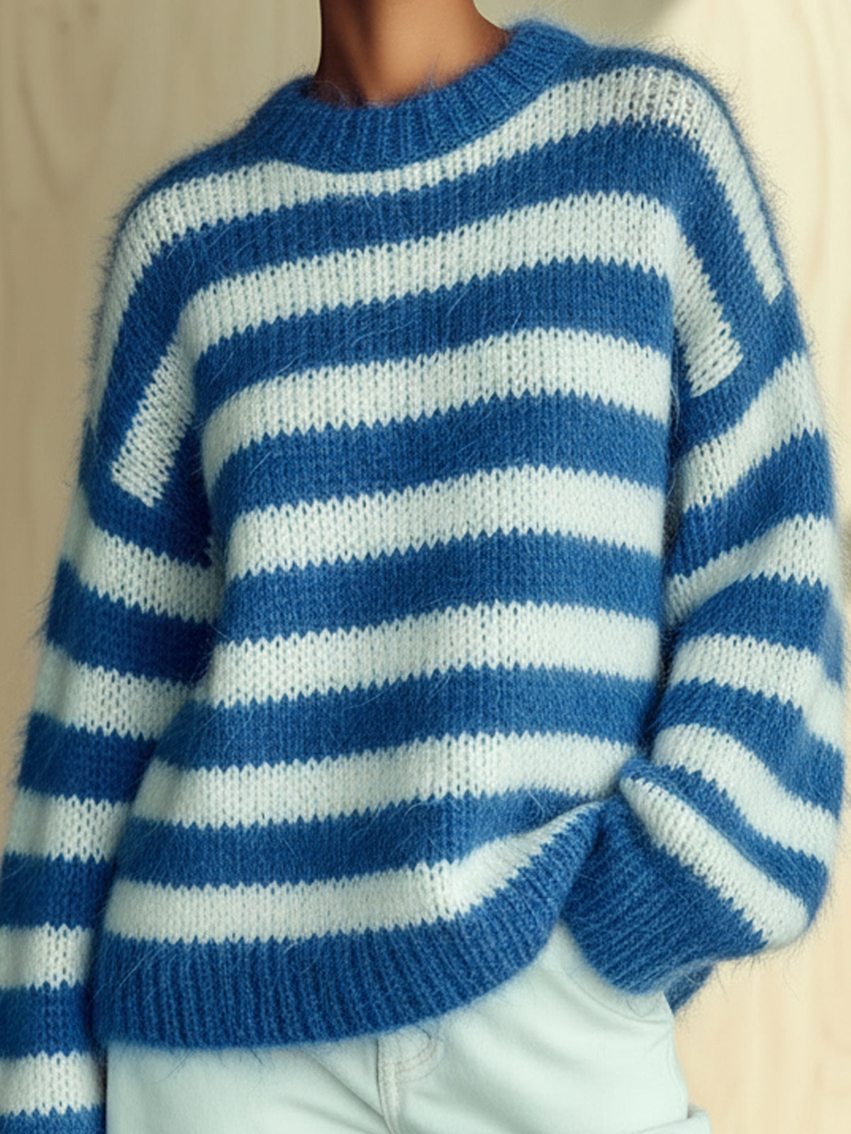 ElevenOra Chic Casual White Blue Stripes Round Neck Long Sleeve Oversize Mohair Knit Sweater Top
