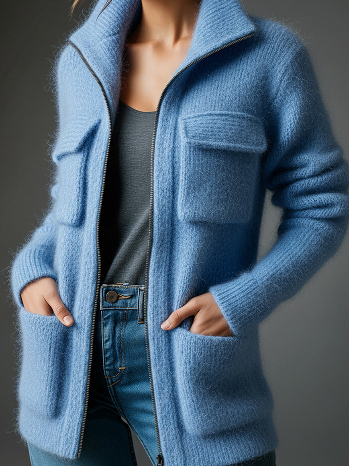 ElevenOra Chic Casual Blue Lapel Zipper-Front Multi-Pocket Long-Sleeve Loose Fuzzy Knit Mid-Length Cardigan
