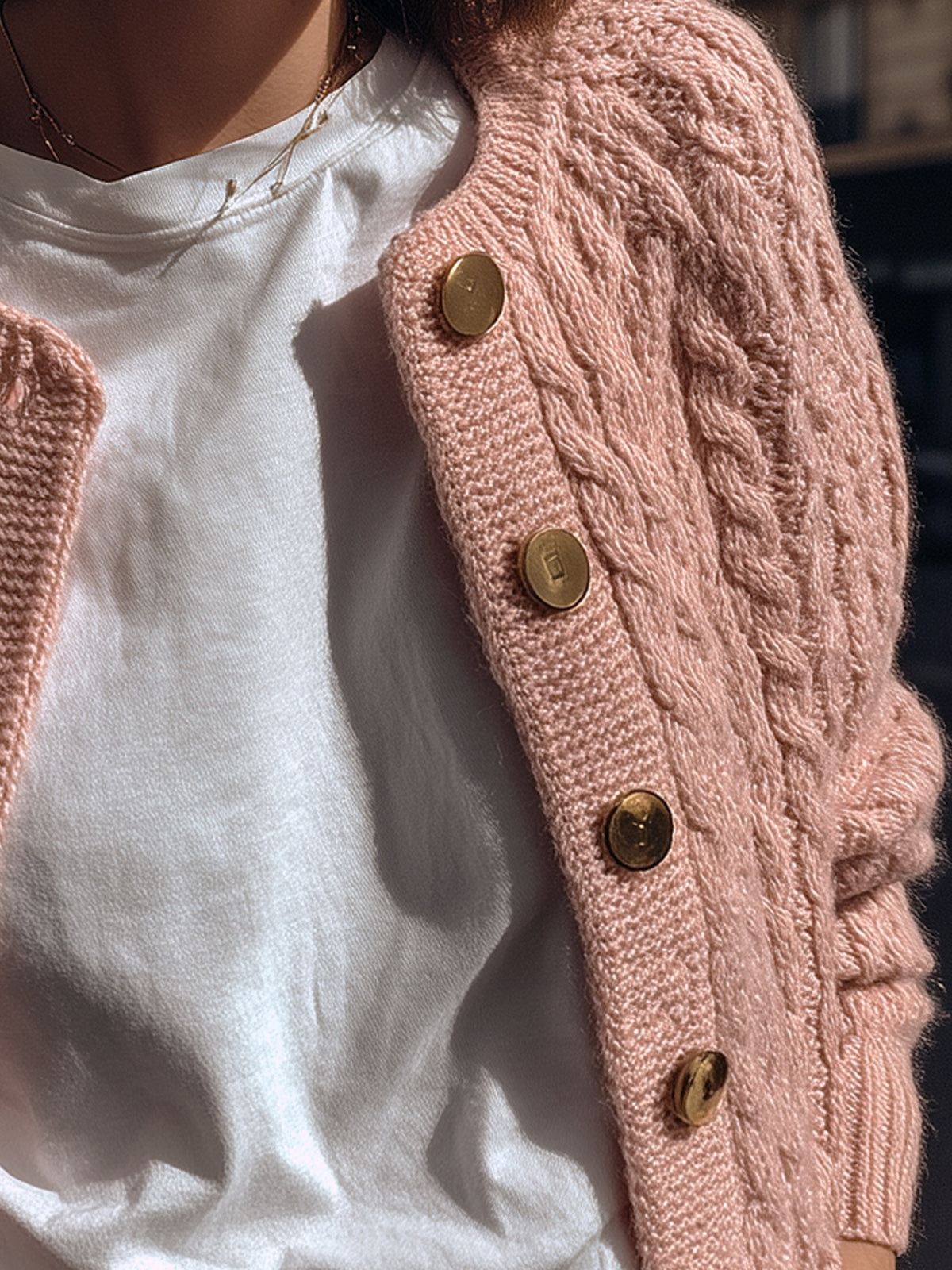 ElevenOra Chic Elegant Nude Pink Cable Knit Crew Neck Gold Button Cropped Cardigan