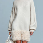 ElevenOra Chic Elegant Beige Turtleneck Long Sleeve Oversized Spliced Faux Lambswool Knit Mini Dress