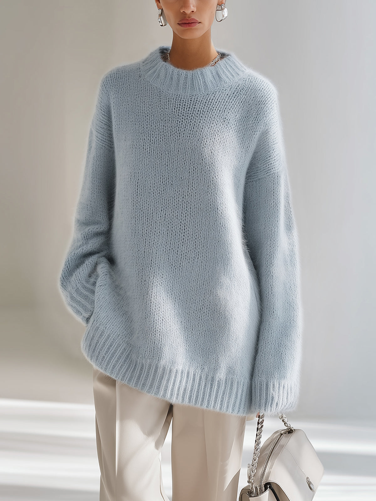 ElevenOra Chic Elegant Light Blue Round Neck Long Sleeve Oversized Fuzzy Knit Sweater