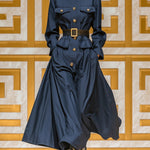 ElevenOra Chic Casual Navy Blue Cotton Blend Stand Collar Single Breasted Utility Pocket Belted Maxi Dress Coat