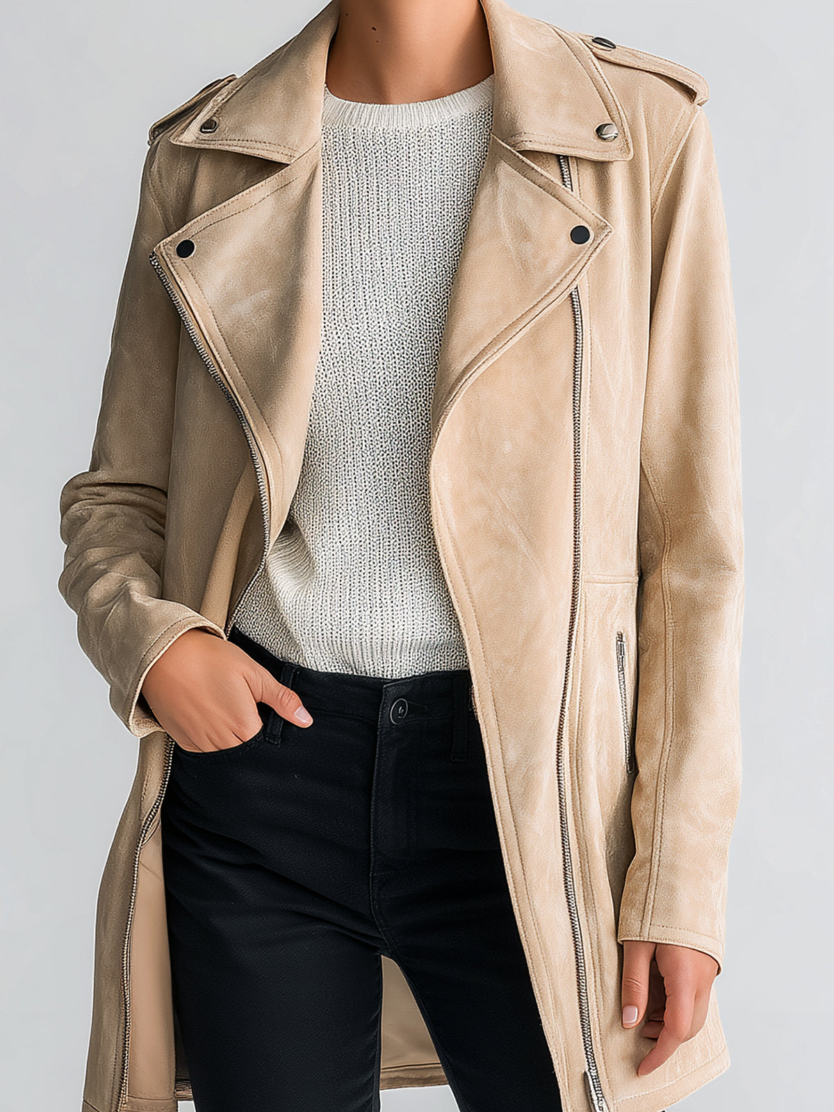 ElevenOra Chic Casual Beige Faux Suede Biker Style Lapel Asymmetric Zip Mid-Length Jacket