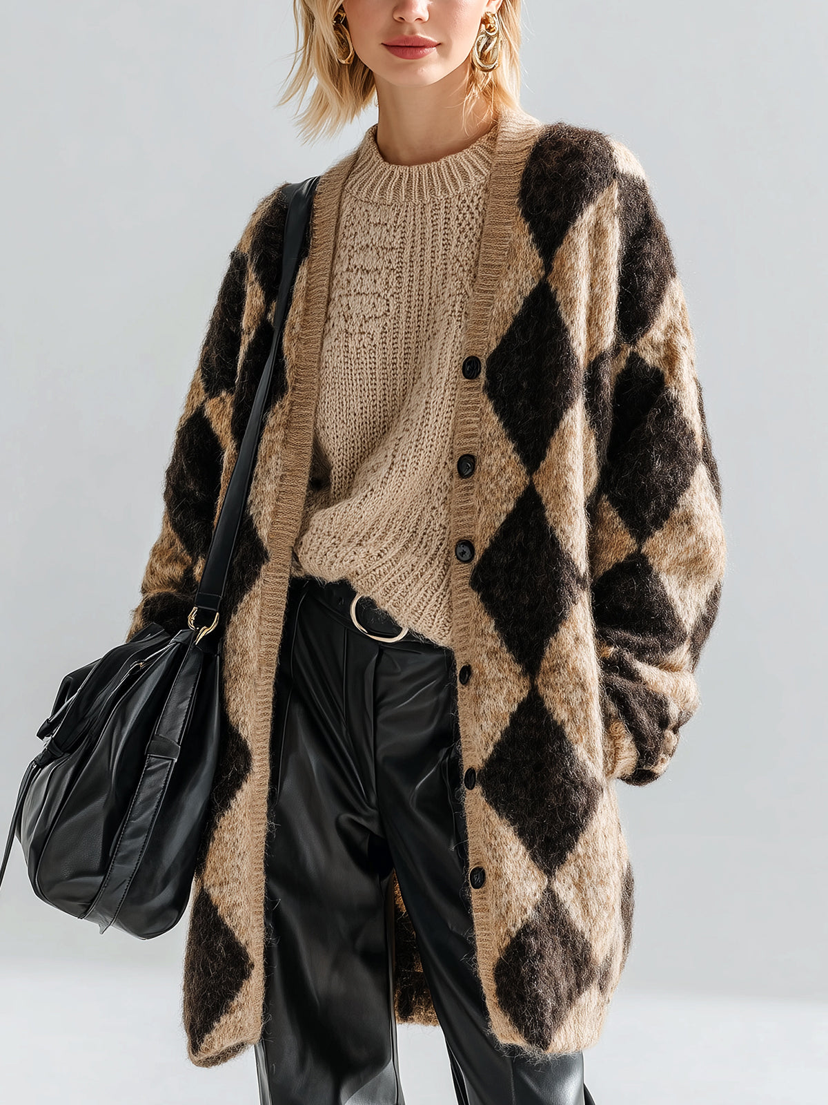 ElevenOra Chic Vintage Contrast Argyle Oversized Long Sleeve Mid-Length Fuzzy Knit Cardigan
