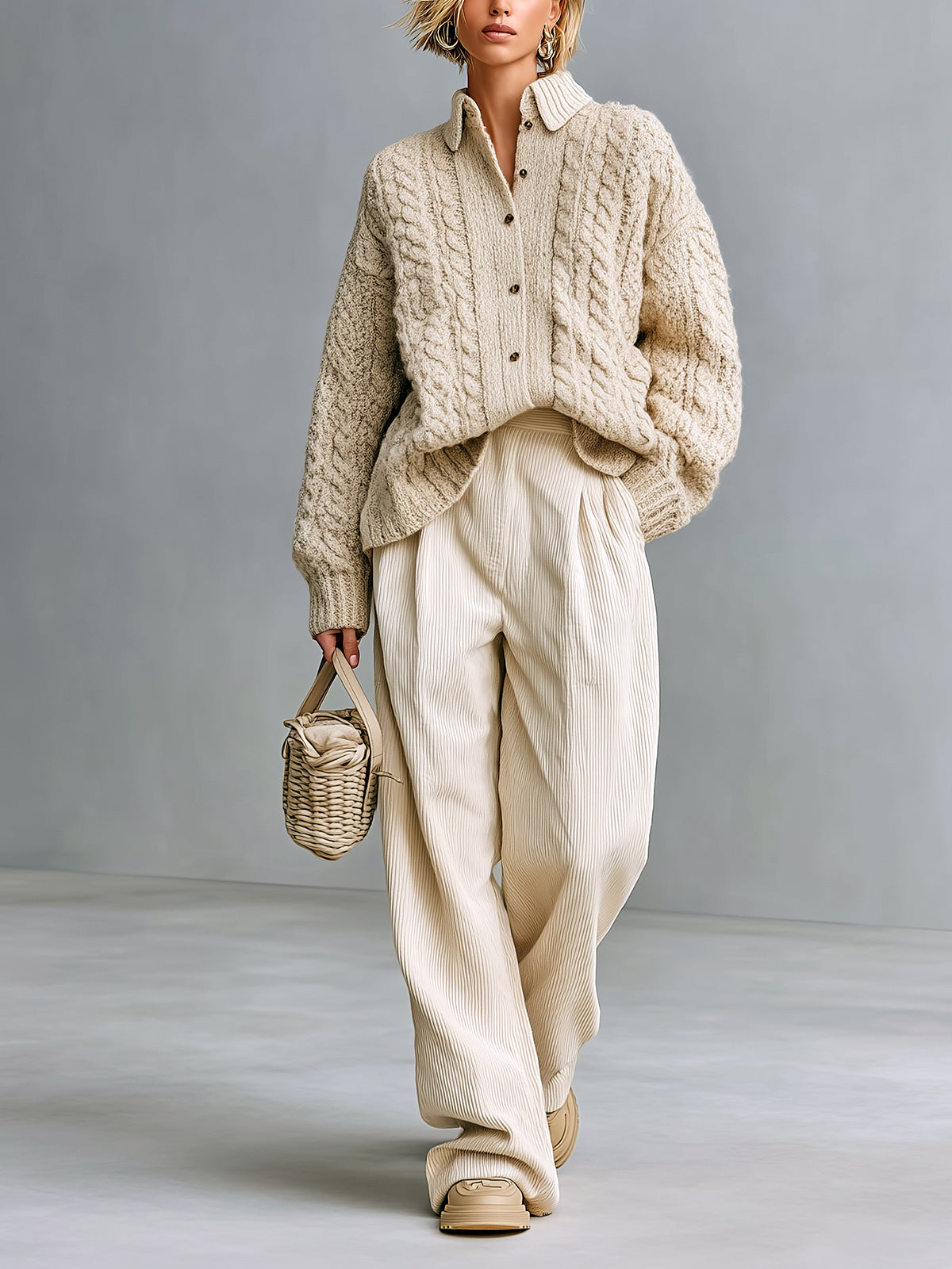 ElevenOra Chic Lapel Single-breasted Long-sleeved Cable-knit Cardigan And Wide-leg Ribbed Knit Two-piece Set
