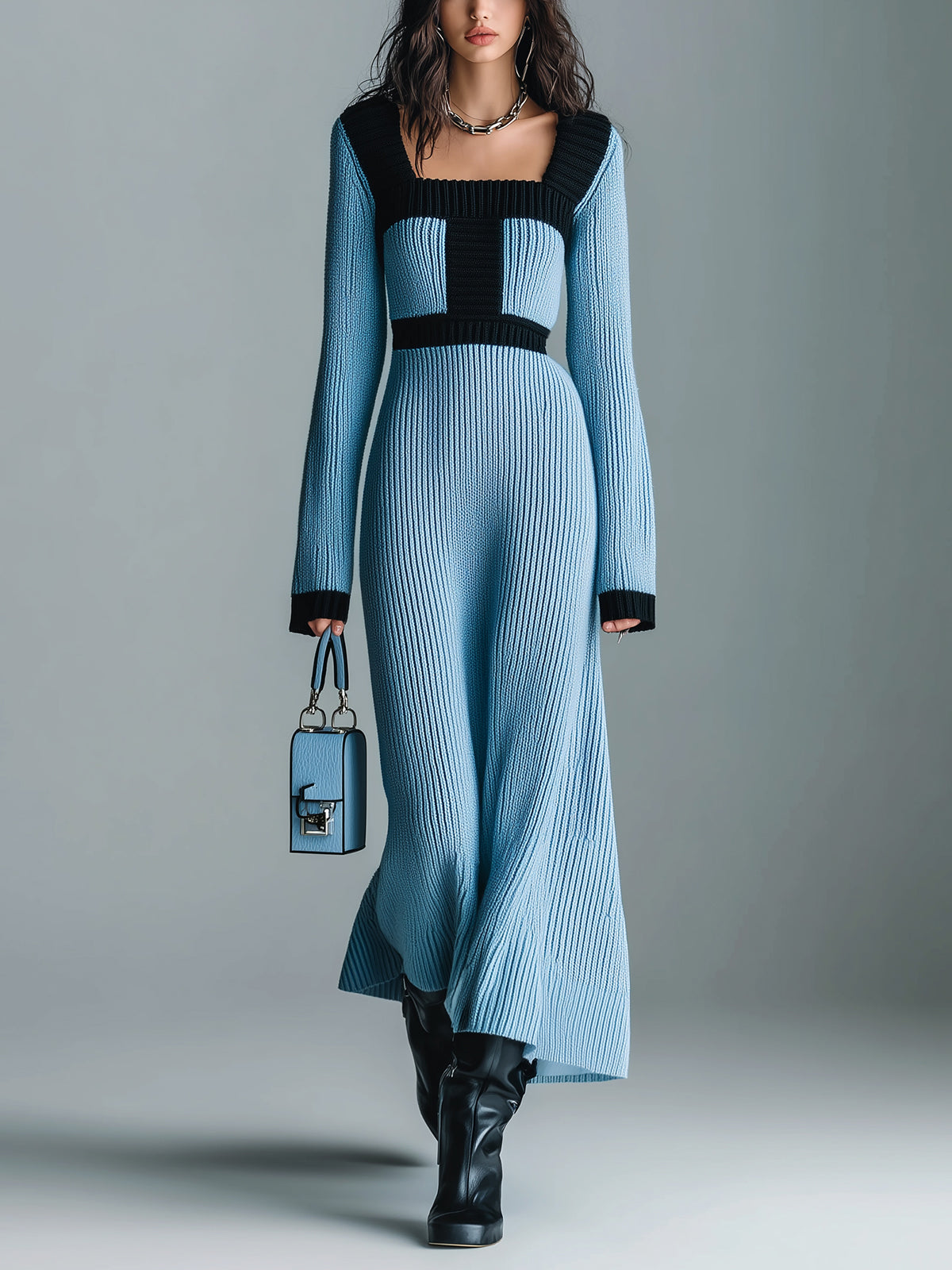 ElevenOra Chic Vintage Blue Colorblock Square Collar Slim-Fit Long Sleeve Tailored Waist Ribbed Knit Maxi Dress