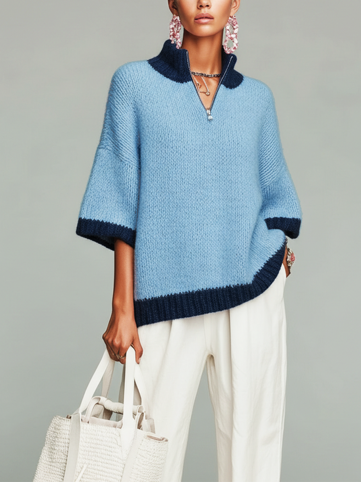 ElevenOra Stylish Casual Pink Stand-collar Zippered Short-sleeved Loose Knit Sweater Top