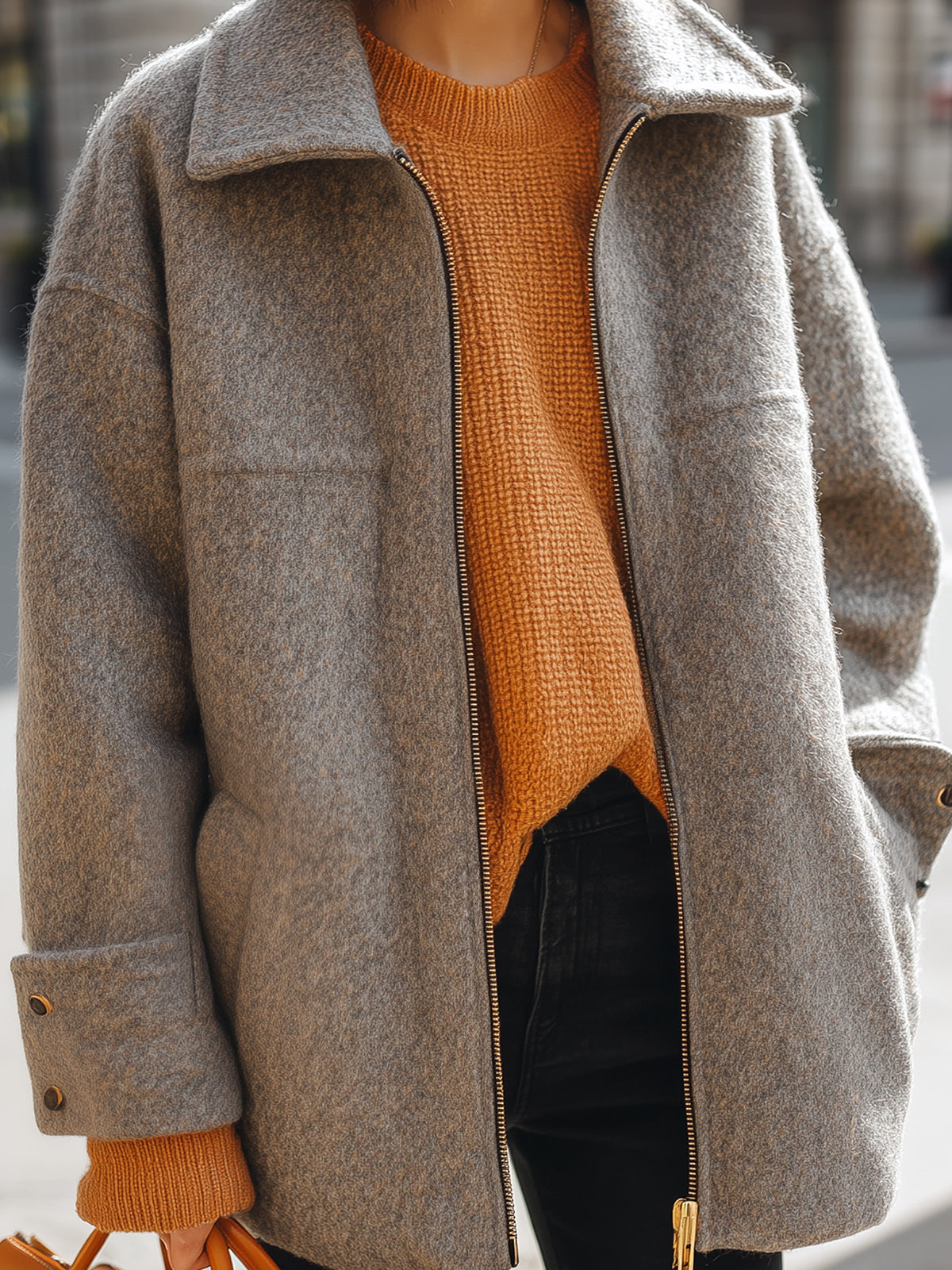 ElevenOra Casual Chic Gray Wool Blend Lapel Zip-Front Oversized Warm Coat