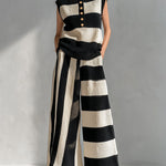 ElevenOra Chic Elegant Black-Beige Stripes Round-Neck Sleeveless Oversize Vest Loose-Fit Wide-Leg Pants Ribbed Knit Two-Piece Set