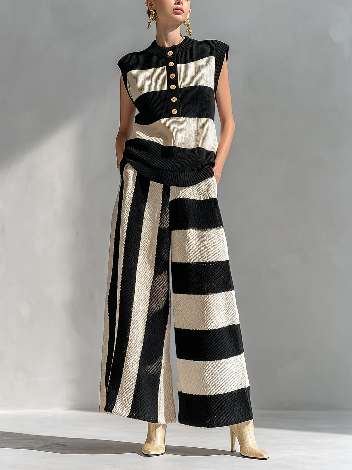 ElevenOra Chic Elegant Black-Beige Stripes Round-Neck Sleeveless Oversize Vest Loose-Fit Wide-Leg Pants Ribbed Knit Two-Piece Set
