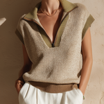 ElevenOra Chic Casual Camel Colorblock Lapel Collar Zipper-Front  Loose Sleeveless Knit Vest