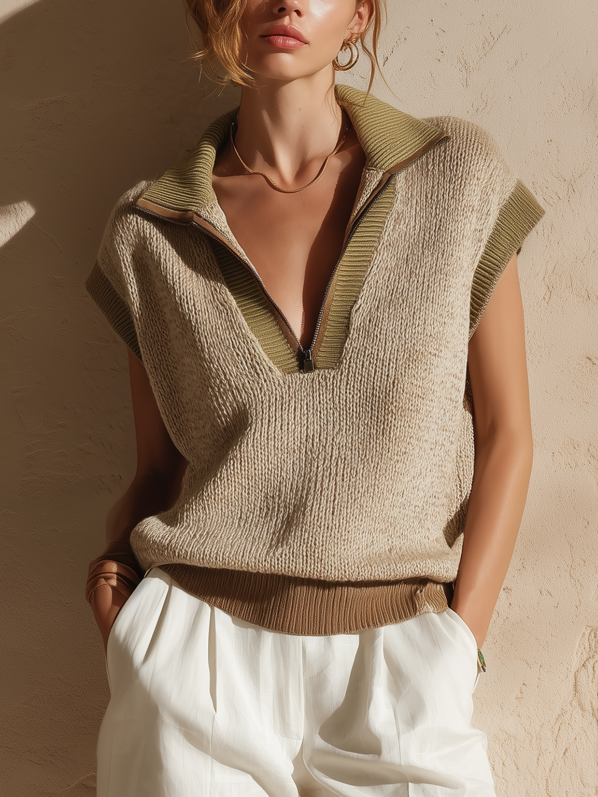 ElevenOra Chic Casual Camel Colorblock Lapel Collar Zipper-Front  Loose Sleeveless Knit Vest