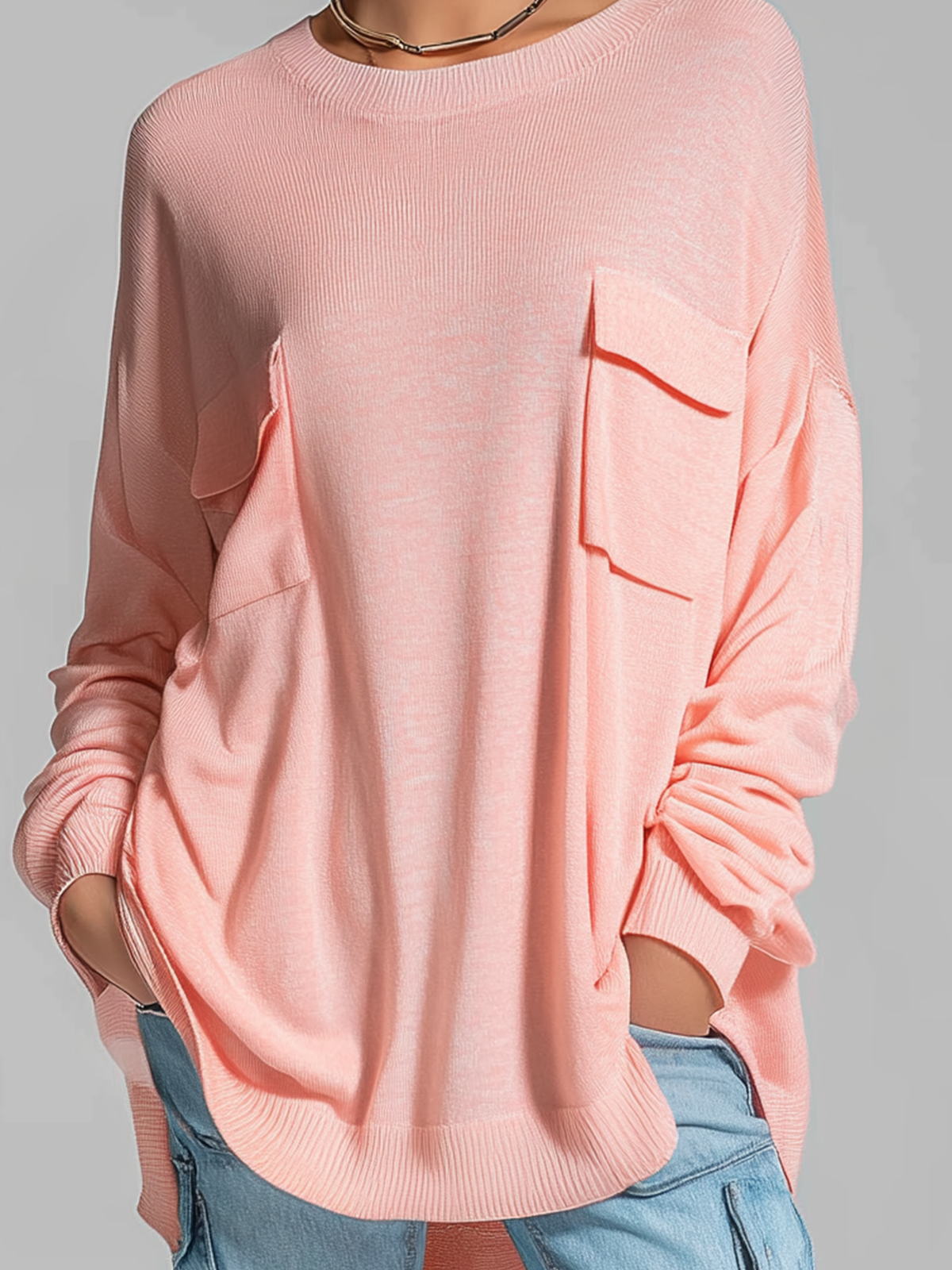 ElevenOra Chic Casual Pink Crew Neck Loose Long Sleeved Patch Pocket Knit Pullover Sweater