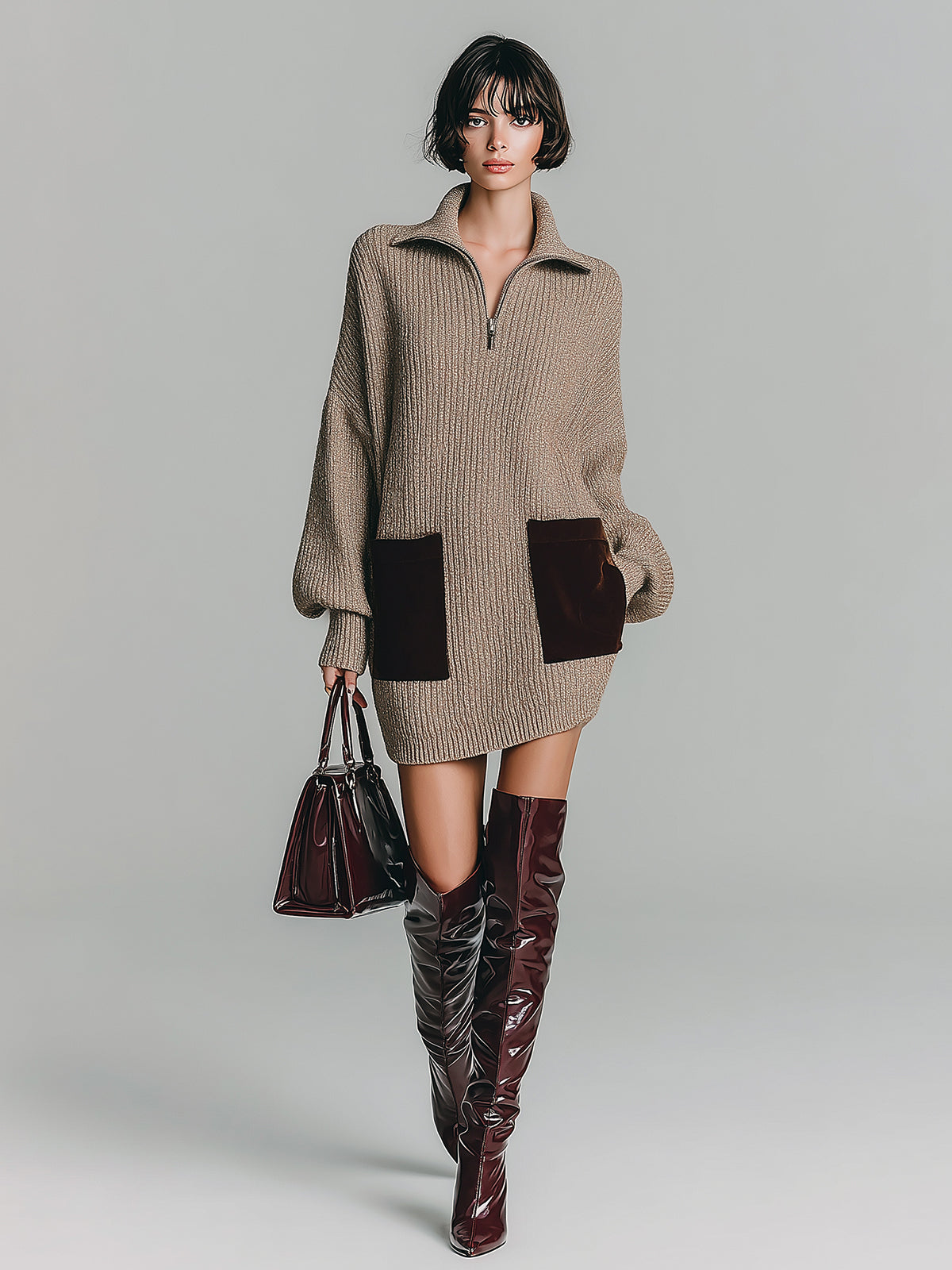 ElevenOra Chic Casual Zip-up Lapel Contrast Suede Patch Pocket Long Sleeve Oversized Knit Mini Dress