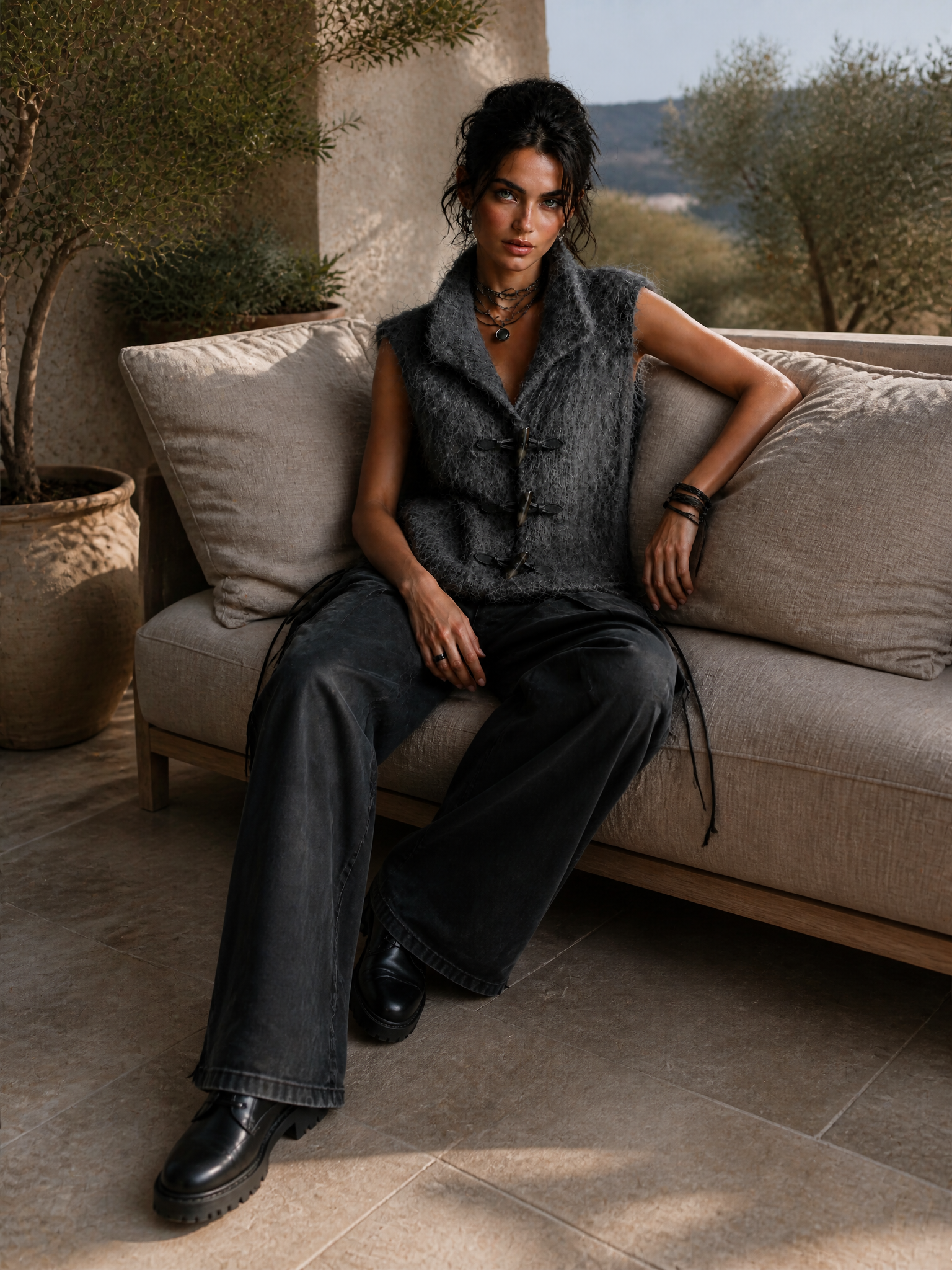 ElevenOra Chic Casual Dark Gray Lapel-Collar Sleeveless Horn Toggle Button Detail Loose-Fit Fuzzy Knit Vest Top