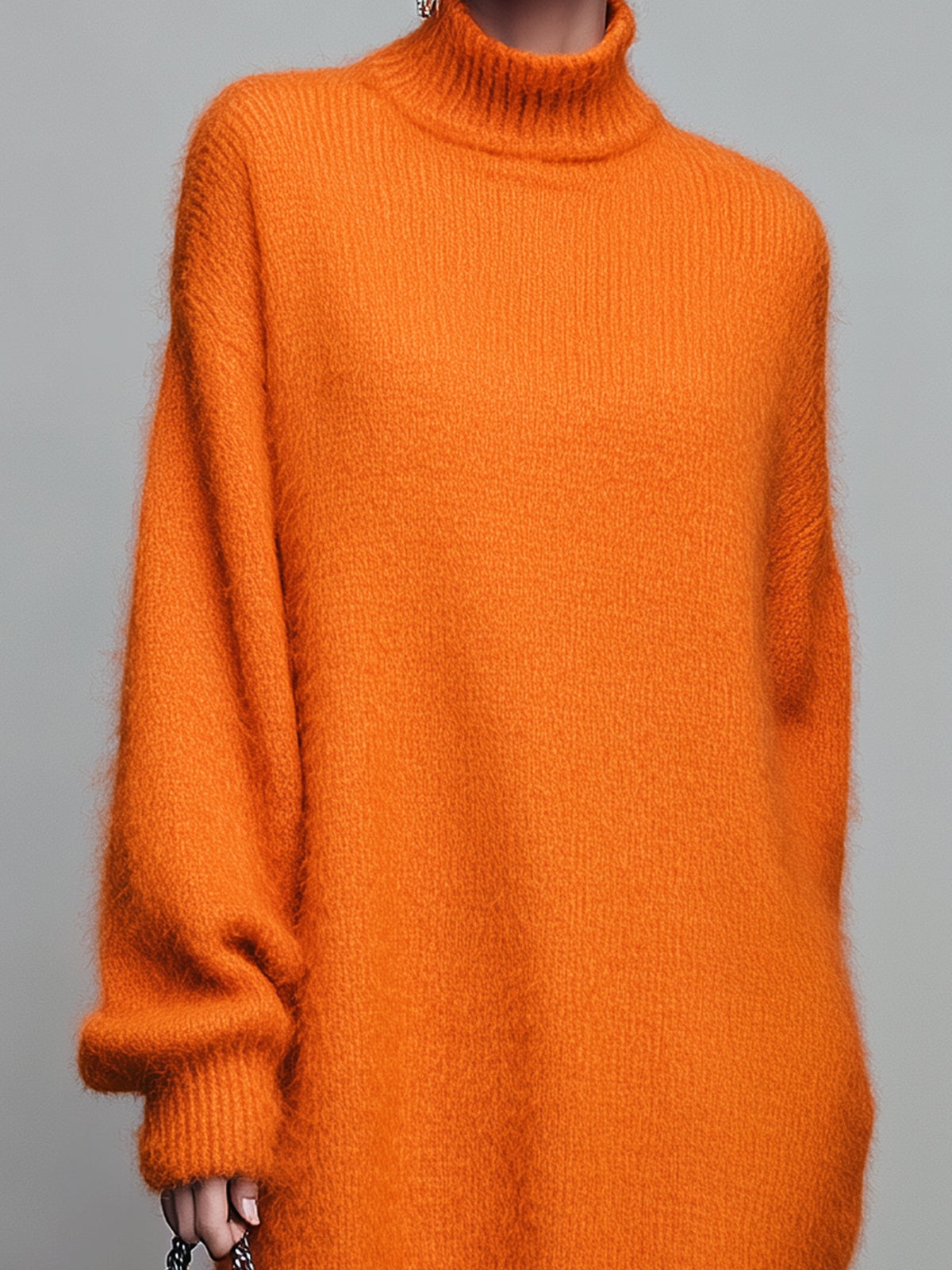 ElevenOra Chic Elegant Orange Mock Neck Long Sleeve Contrast Feather Trim Detail Oversized Knit Maxi Dress