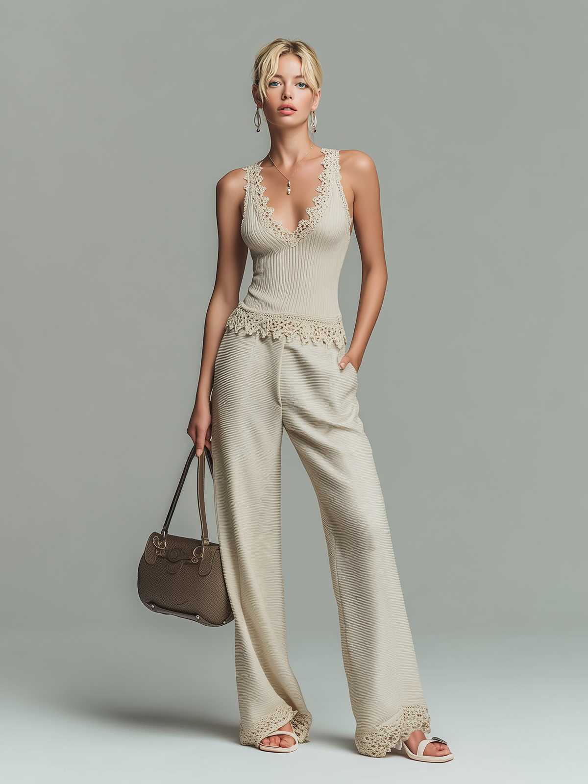 ElevenOra Fashion Elegant Beige V-Neck Patchwork Lace Trim Vest And Loose Wide-Leg Pants Ribbed Knit Two-Piece Set