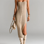 ElevenOra Stylish Elegant Camel Strappy Slim-Fit Cable Knit Side-Slit Ribbed Knit Midi Dress