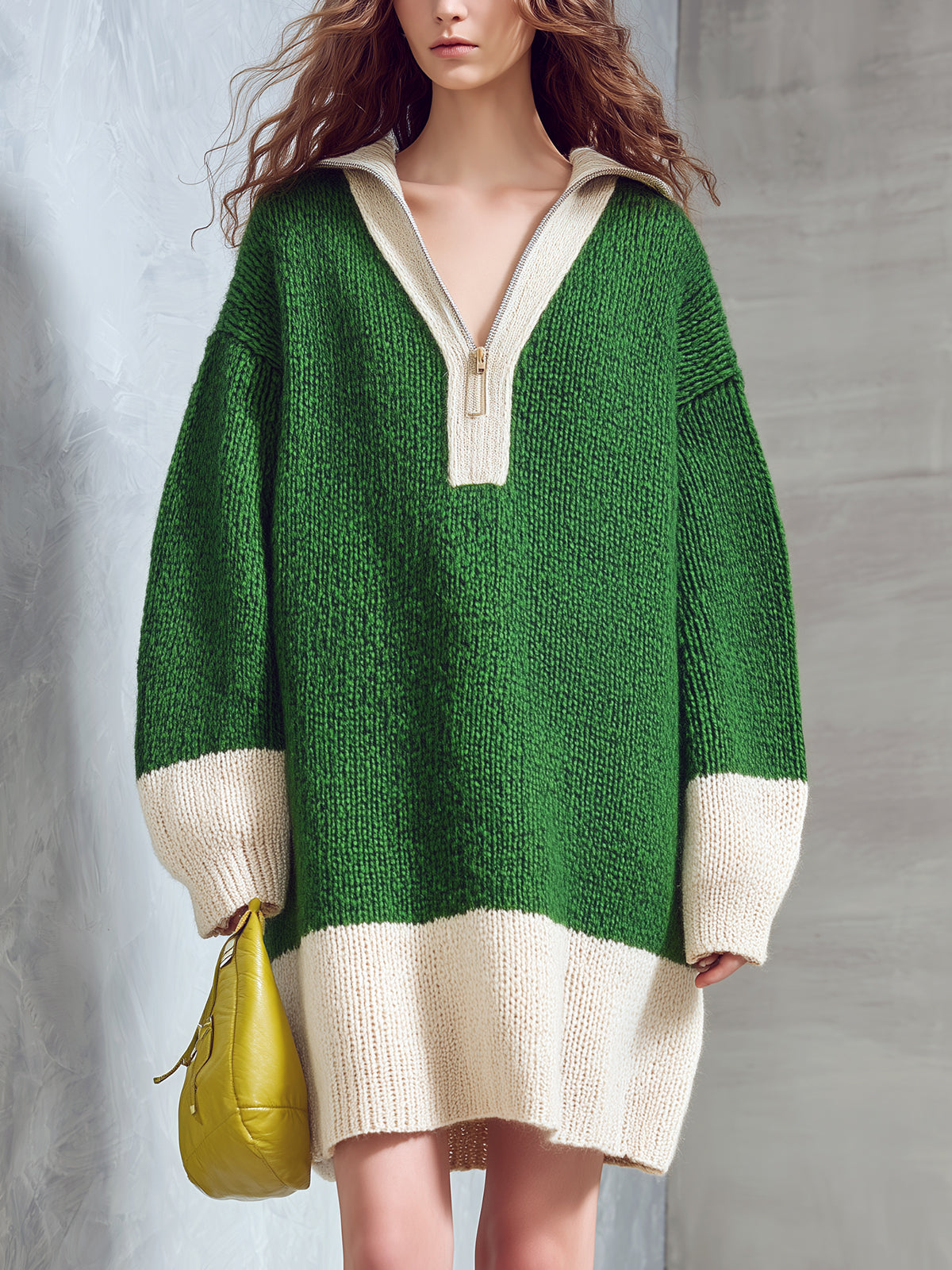 ElevenOra Chic Cozy Color-block Zip-up Lapel Long-sleeved Oversized Knit Mini Dress