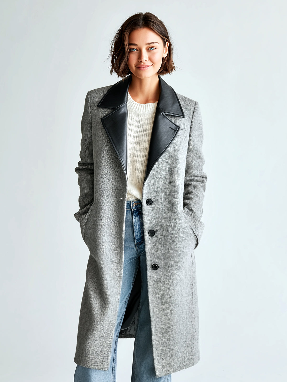 ElevenOra Chic Vintage Gray Hherringbone Wool Blend PU-Trimmed Collar Single-Breasted Longline Sophisticated Coat