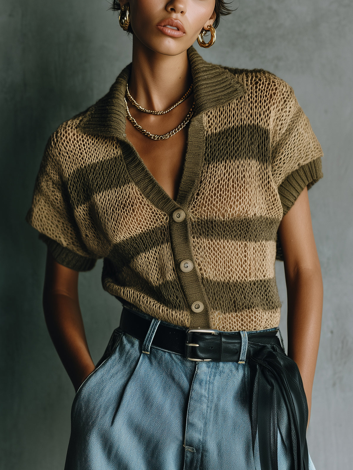 ElevenOra Chic Elegant Army Green-Camel Colorblock Lapel Single-Breasted Short-Sleeve Loose-Fit Knit Cardigan Top