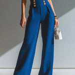 ElevenOra Chic Elegant Royal Blue High Waist Gold Button Details Ribbed Knit Wide-Leg Pants