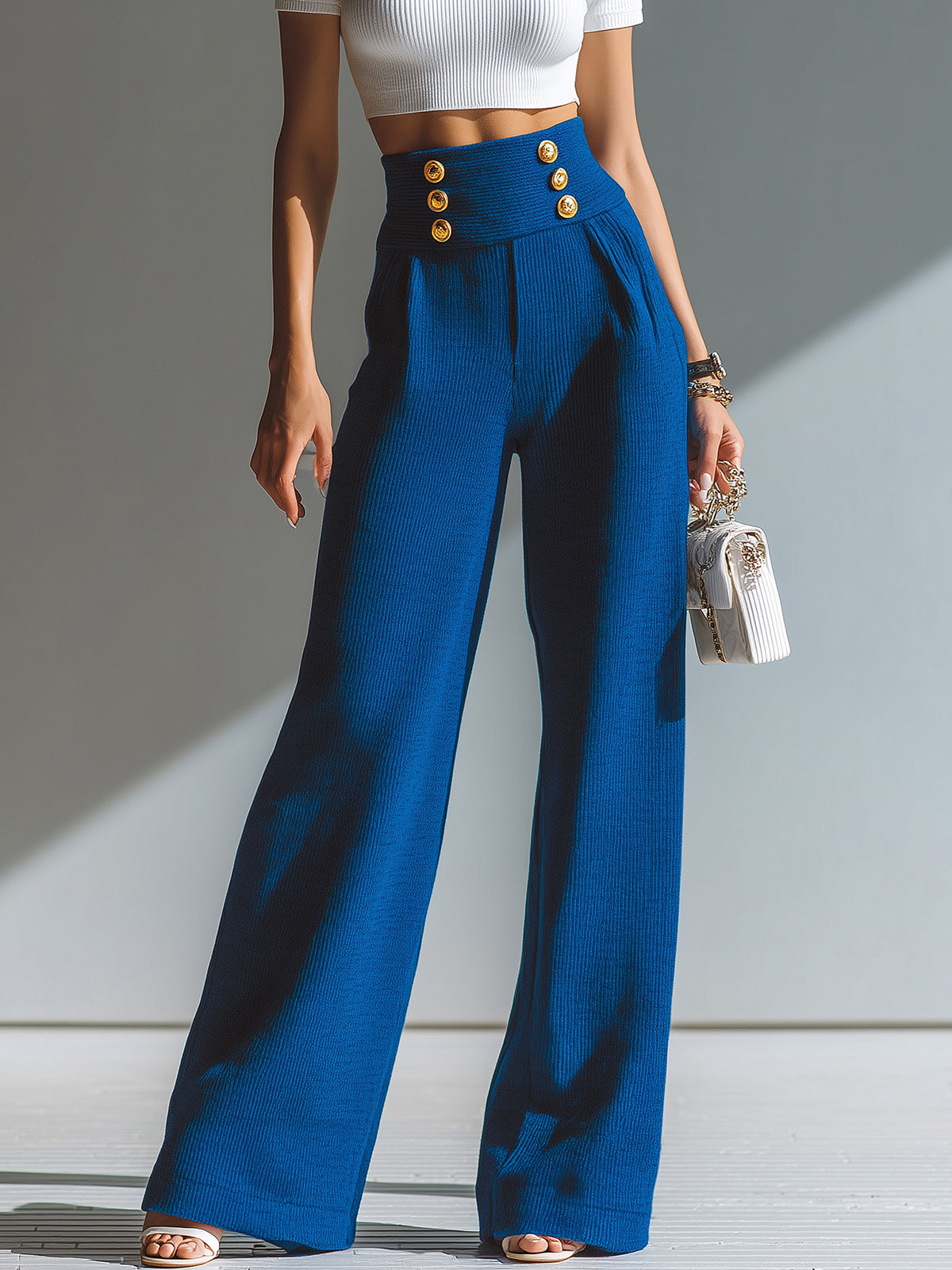 ElevenOra Chic Elegant Royal Blue High Waist Gold Button Details Ribbed Knit Wide-Leg Pants