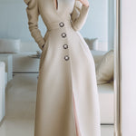 ElevenOra Vintage Beige Wool Blend Single-Breasted Puff Sleeve Tailored Maxi Dress Coat