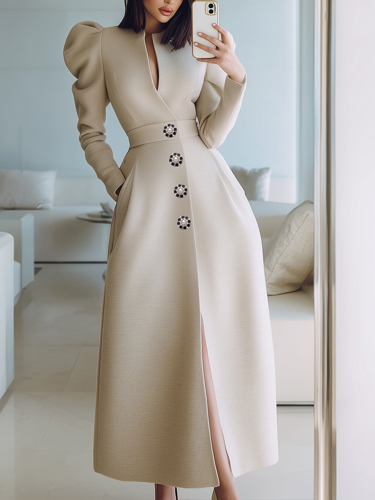 ElevenOra Vintage Beige Wool Blend Single-Breasted Puff Sleeve Tailored Maxi Dress Coat