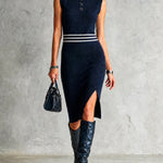 ElevenOra Chic Casual Navy Blue Sailor Collar Sleeveless White Stripes Detail Side-Slit Slim-Fit Soft Knit Midi Dress