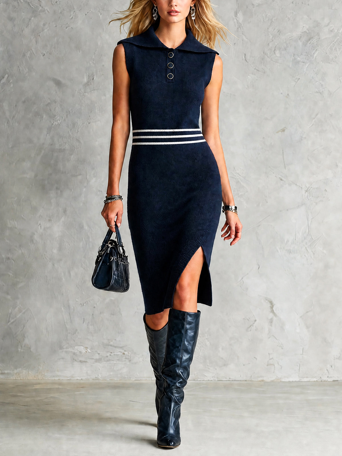 ElevenOra Chic Casual Navy Blue Sailor Collar Sleeveless White Stripes Detail Side-Slit Slim-Fit Soft Knit Midi Dress