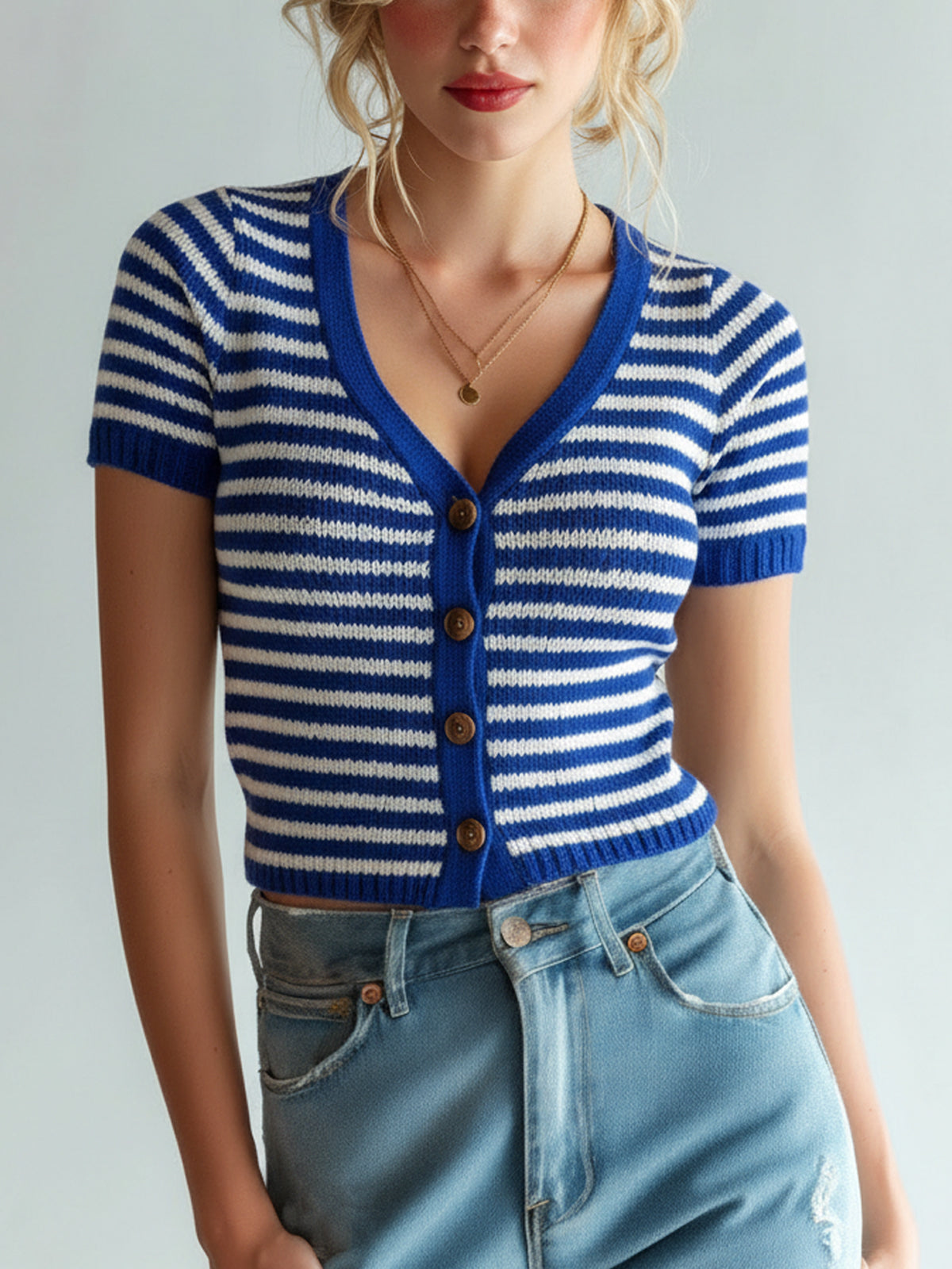 ElevenOra Chic Elegant Contrast Stripes V-Neck Single-Breasted Short-Sleeve Slim-Fit Knit Cardigan Top