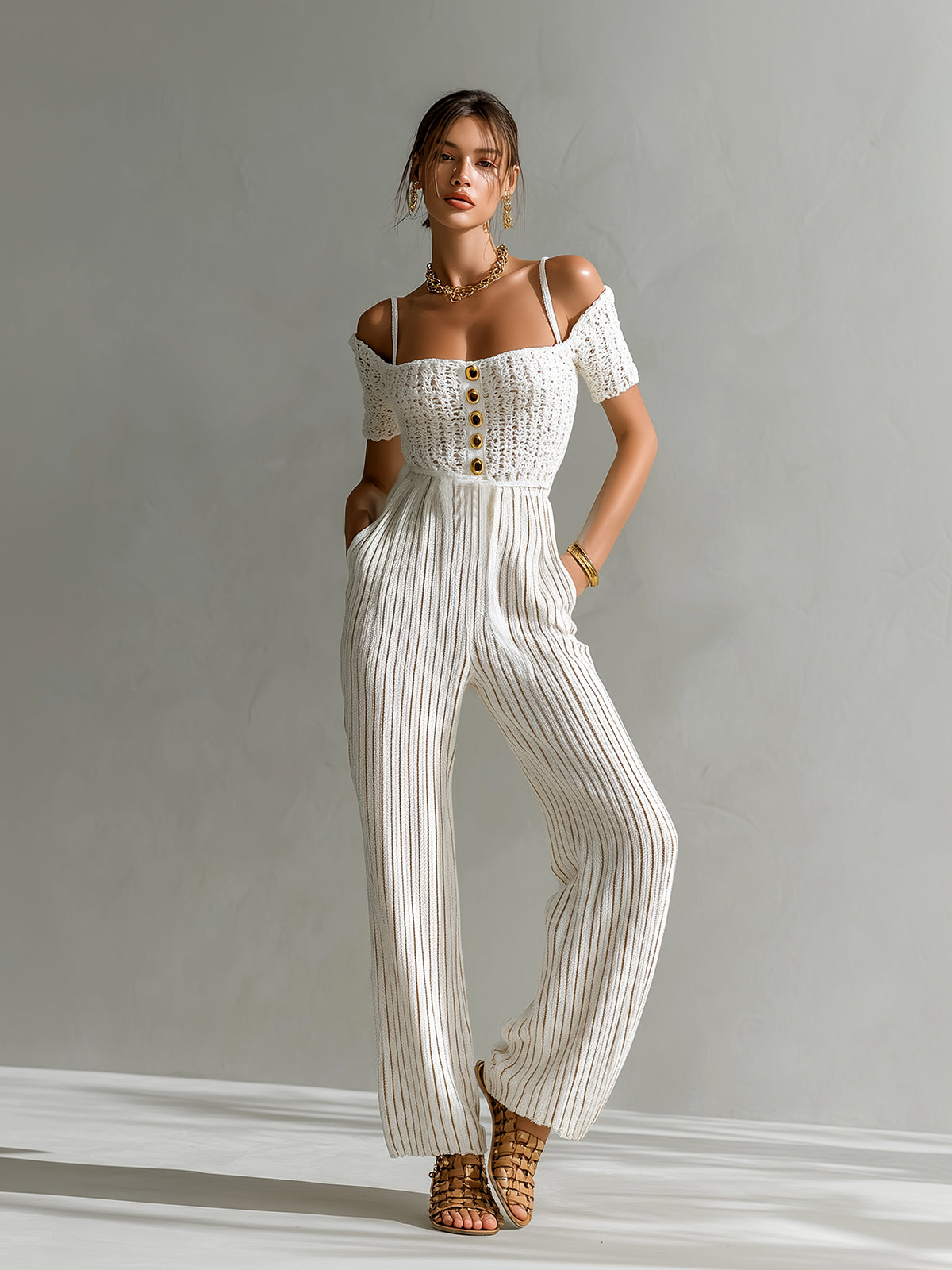 ElevenOra Chic Elegant White Off-The-Shoulder Square Neck Short-Sleeve Gold Button Detail Tailored Waist Wide Leg Crochet Ribbed Knit Jumpsuit