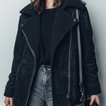 ElevenOra Chic Casual Black Faux Suede Shearling Collar Zipper-Front Oversized Warm Biker Jacket