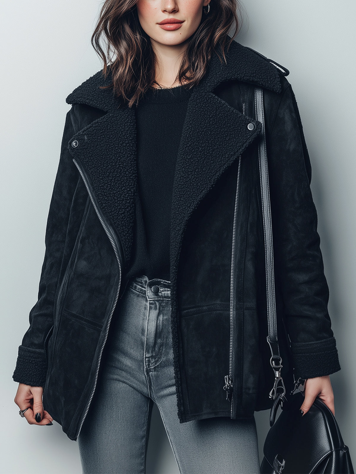 ElevenOra Chic Casual Black Faux Suede Shearling Collar Zipper-Front Oversized Warm Biker Jacket