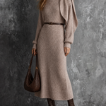 ElevenOra Chic Elegant Taupe Scarf Cowl Neck Long-Sleeve Leather Belt Loose-Fit A‑line Ribbed Wool‑Blend Knit Maxi Dress