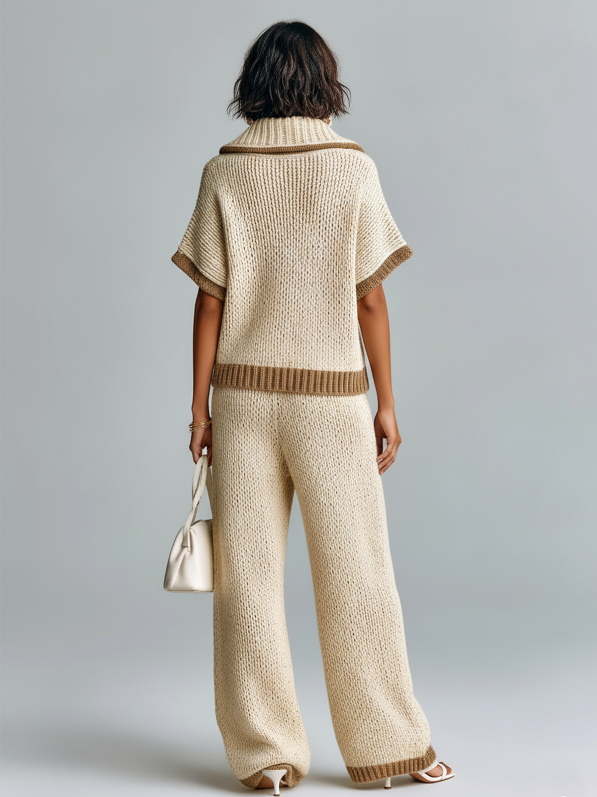 ElevenOra Fashion Casual Beige Colorblock Lapel Collar Short-Sleeve Loose Sweater Wide-Leg Pants Knit Two-Piece Set