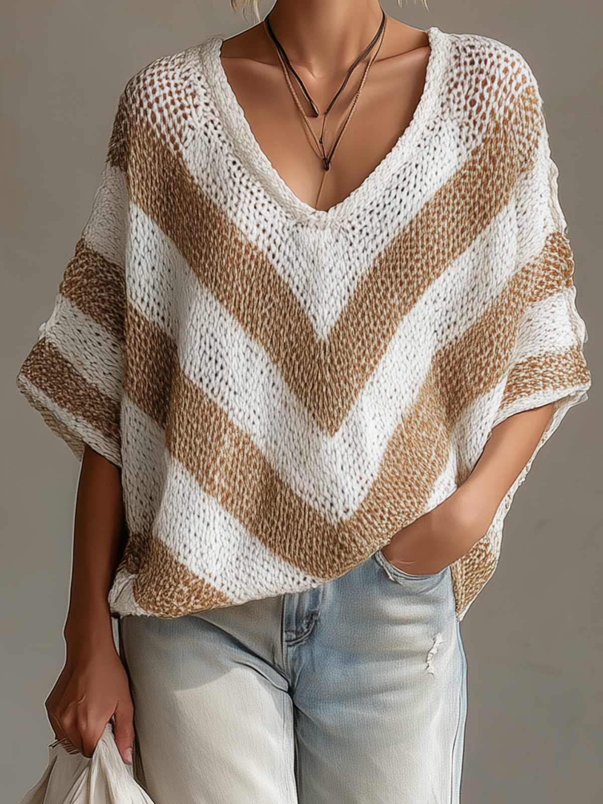 ElevenOra Chic Casual White-Beige Stripes V-neck Short-sleeved Loose-Fit Knit Sweater