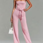 ElevenOra Stylish Elegant Pink Sleeveless Slim-Fit Waist-Defining Wide-Leg Ribbed Knit Jumpsuit