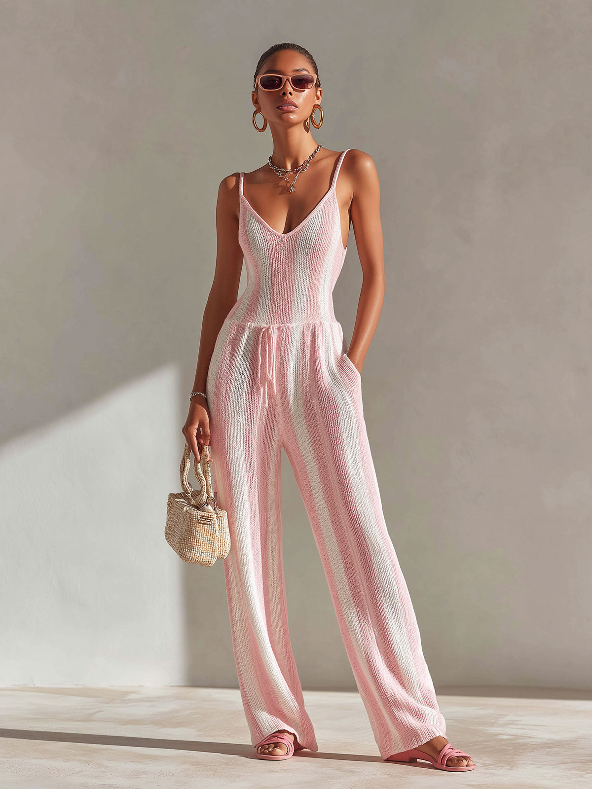 ElevenOra Chic Elegant Pink-White Stripes V-Neck Sleeveless Tailored-Waist Wide-Leg Knit Jumpsuit