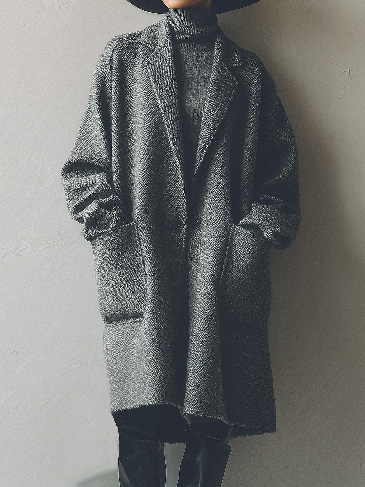 ElevenOra Vintage Twill Wool Blend Notch Lapel One Button Patch Pocket Loose Midi Coat